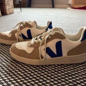 Veja White and Beige Sneakers with Blue Logo